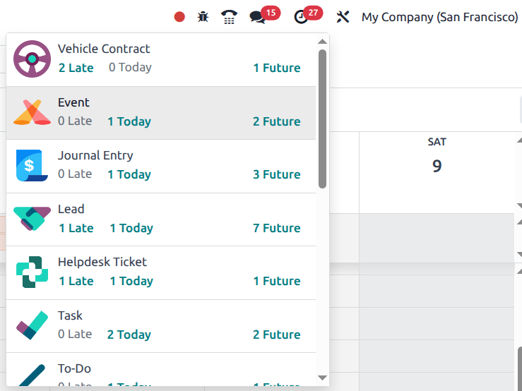 The activity list opened from the top bar.