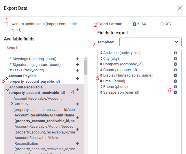 The Export Data dialog and its options.