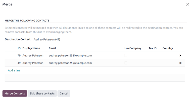The merge dialog listing the selected contacts.