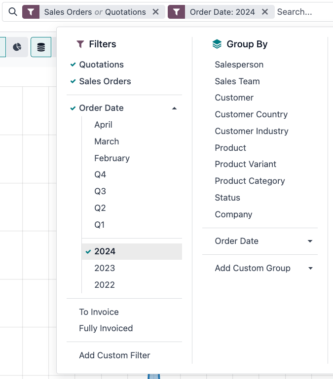 Applying preconfigured filters from the search panel.