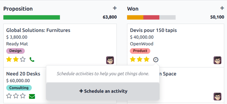 Scheduling an activity from the kanban view.