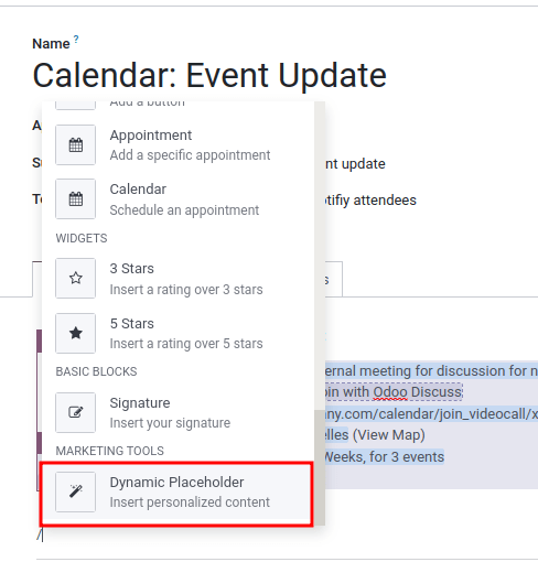 Inserting a dynamic placeholder in an email template.