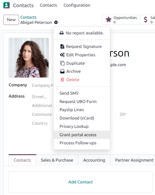 Granting portal access from the Contacts application.