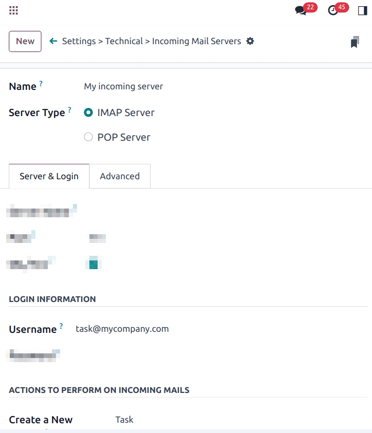 An incoming mail server configured to create tasks.