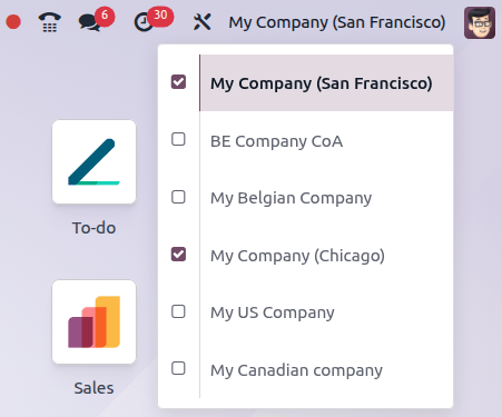 The company selector with several companies enabled.
