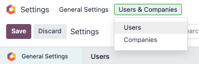 The Users menu in the Users and Companies section of the Settings app.