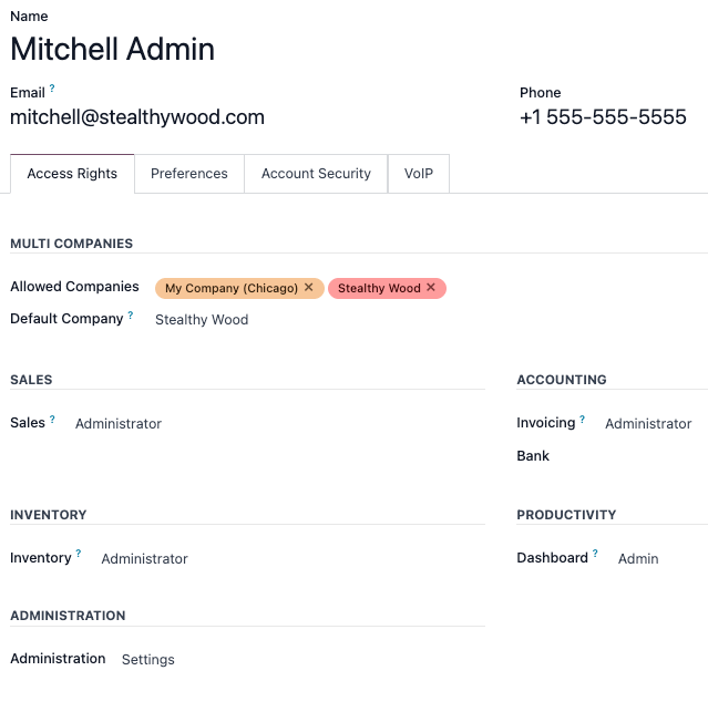A user form with the Access Rights tab highlighted.