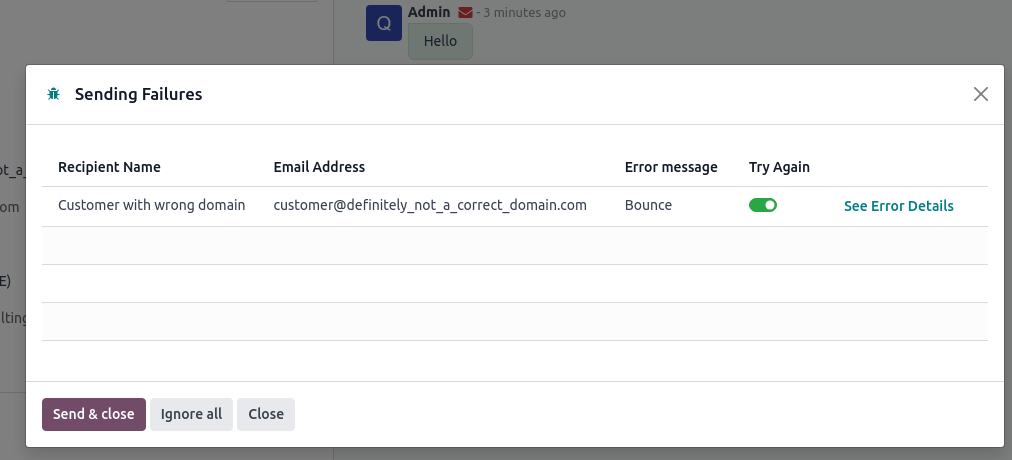 A bounce shown as a red envelope with its error message.
