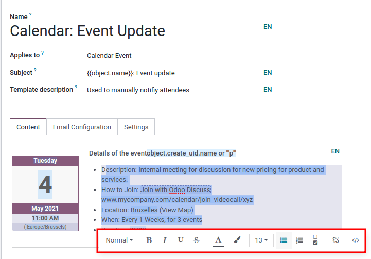 The rich text toolbar in an email template.