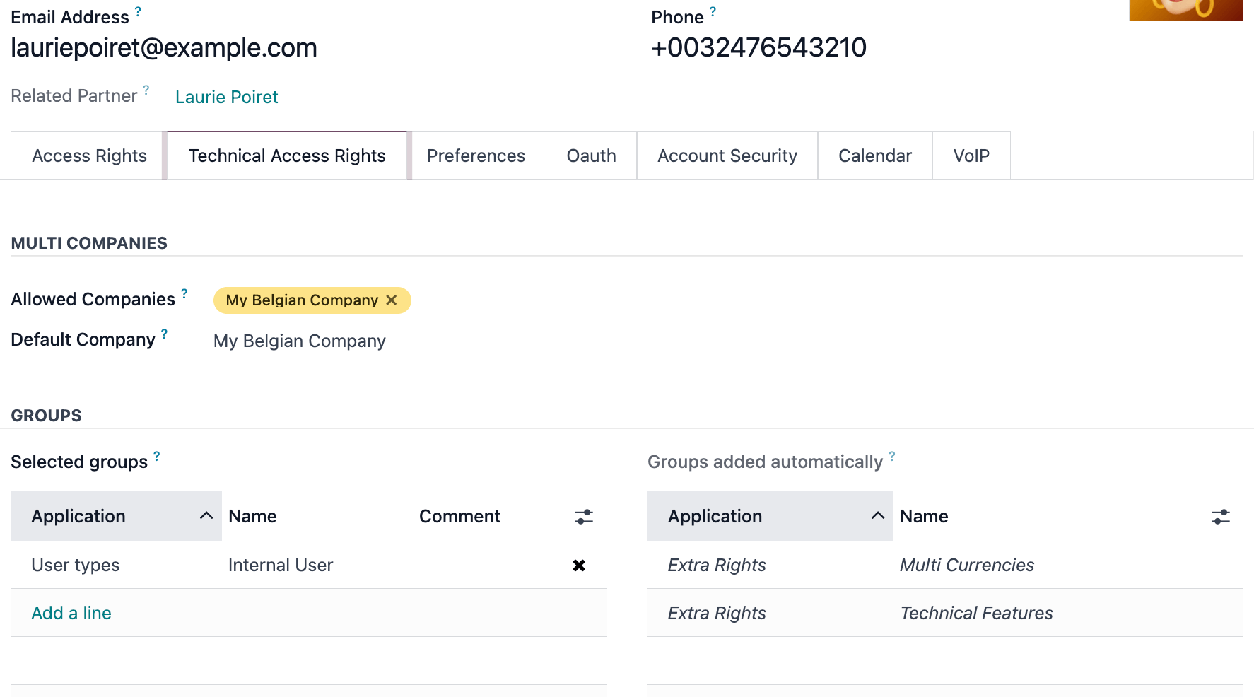 The Technical Access Rights tab of a user profile.