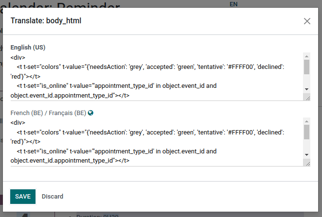 Editing the translated body of an email template.