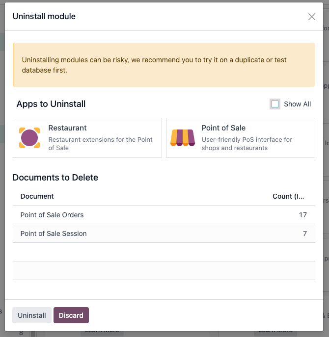 Warning listing the apps that are uninstalled along with the selected one.
